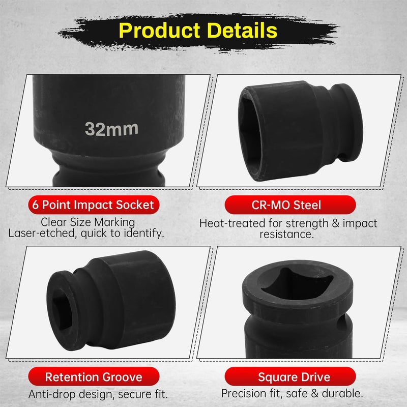 SUNKOO 1/2 Inch Drive 32mm Deep Impact Socket, CR-MO 6 Point Heavy Duty Metric Axle Nut Socket for Easy Removal of Axle and Wheel Hub Nuts - Image 3